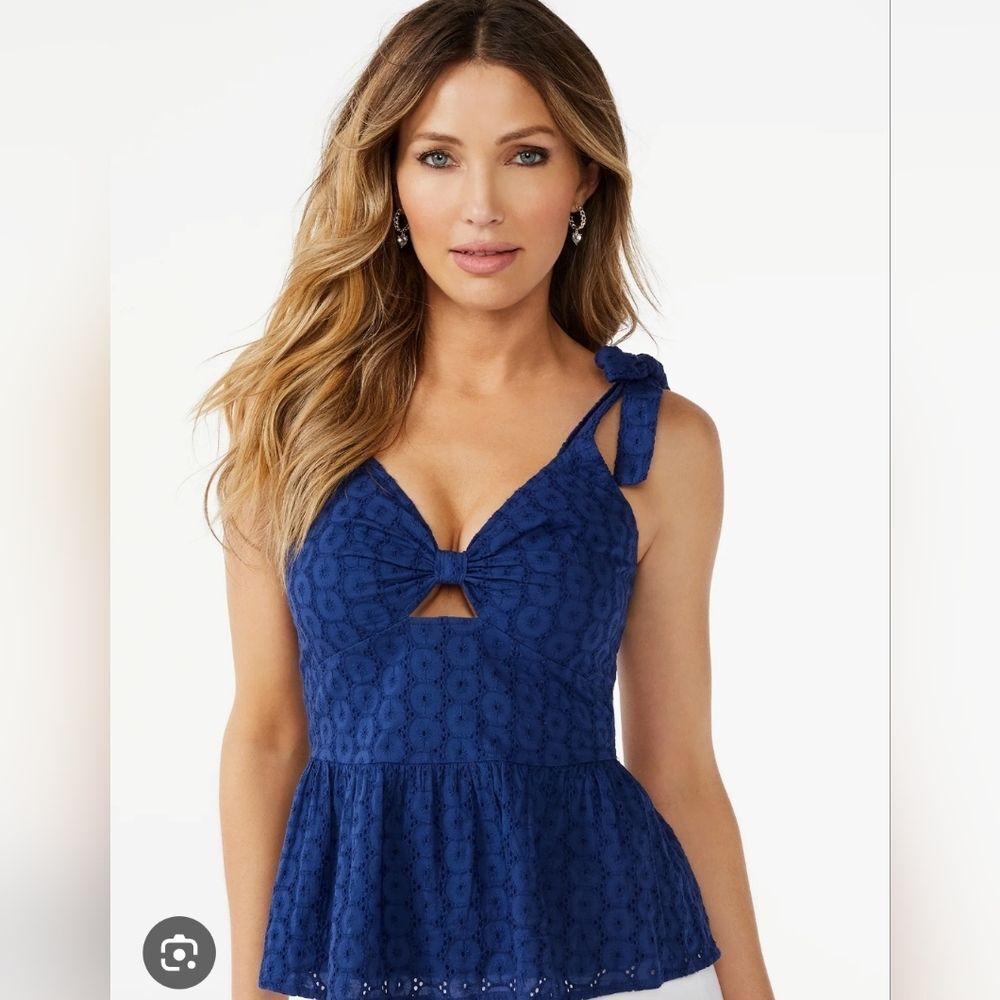 Sofia Vergara Blue Crochet Eyelet Tie Strap Peplum Top Size L